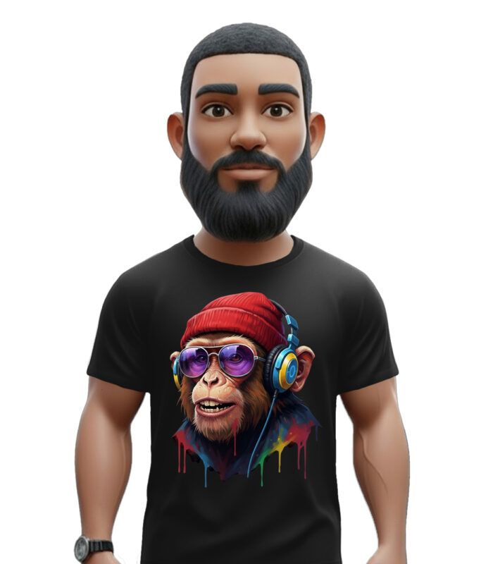 Μαύρο t-shirt colorful monkey με πολύχρωμο urban σχέδιο και μουσικό χαρακτήρα