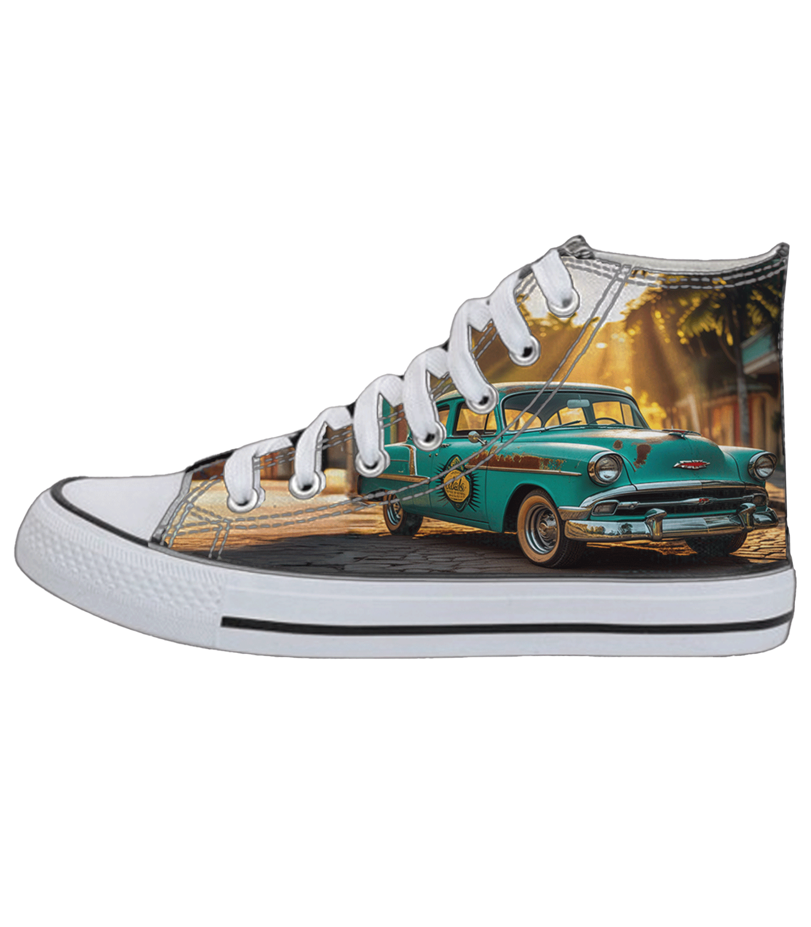 shoes3 Υφασμάτινα sneakers Cuba Vibes στάμπα, ρετρό αυτοκίνητο, vintage στυλ. - Image 1
