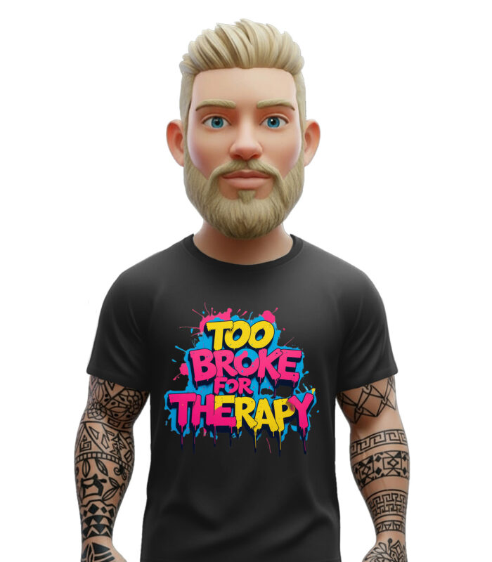 Μαύρο t-shirt too broke for therapy με πολύχρωμο graffiti σχέδιο
